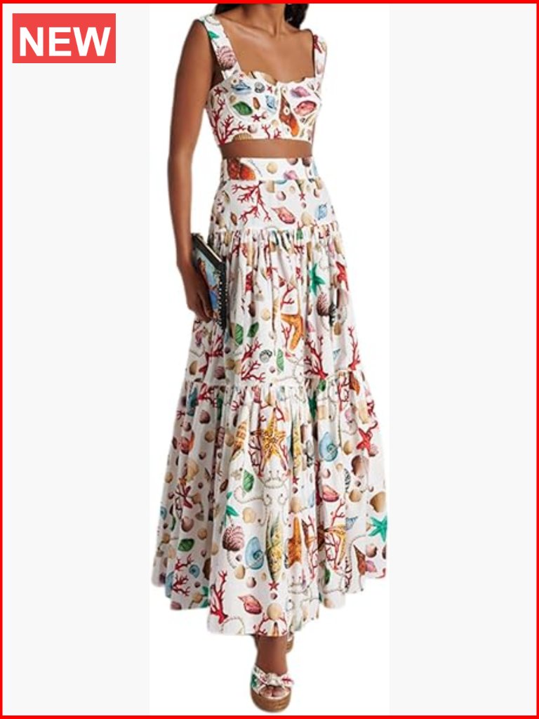 2 Piece Skirt Set Halter Top High Waist Maxi Skirt Women's Vacation Outfit